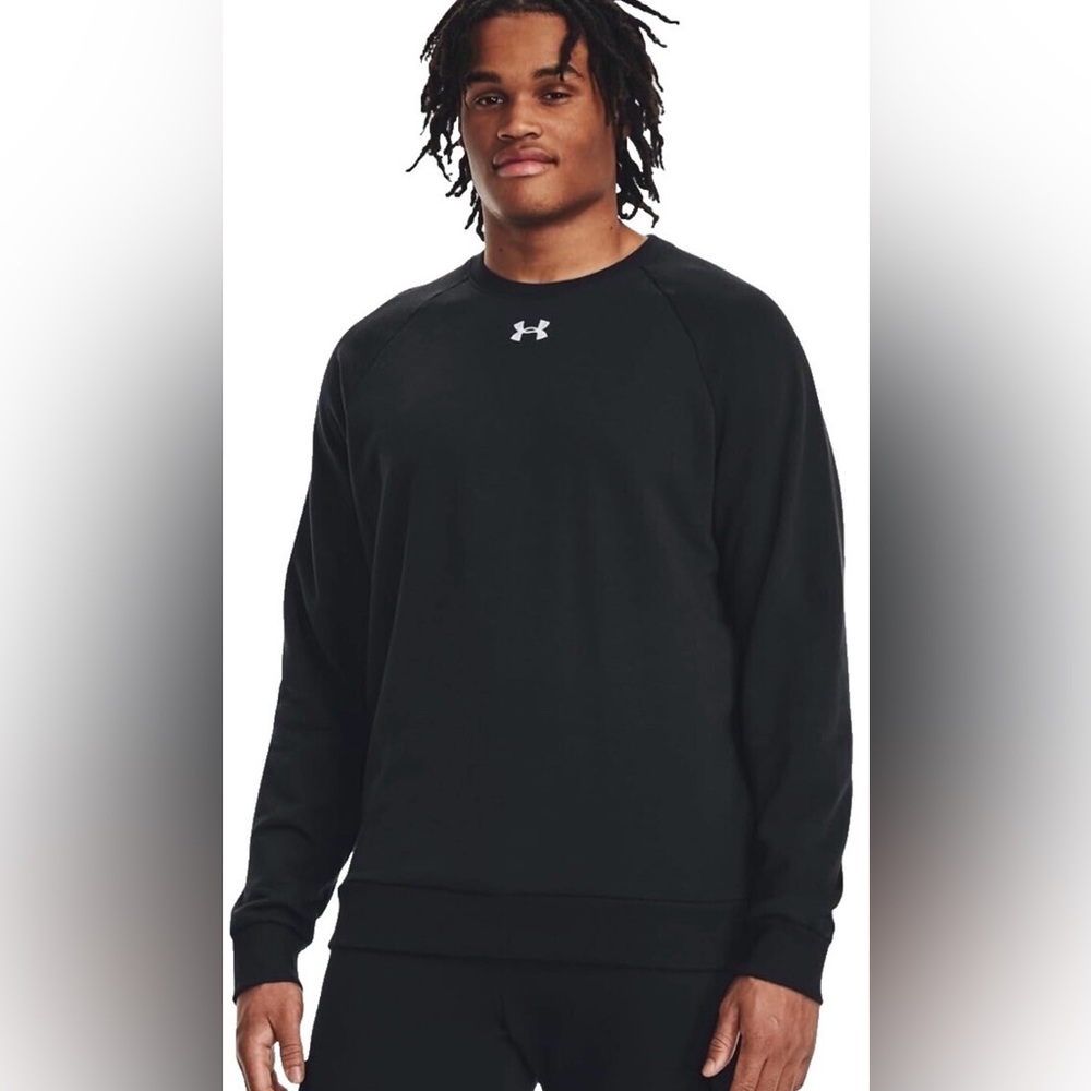 Under Armour Mens Rival Fleece Crew Black Sweatshirt Soft Front Center Logo A-7